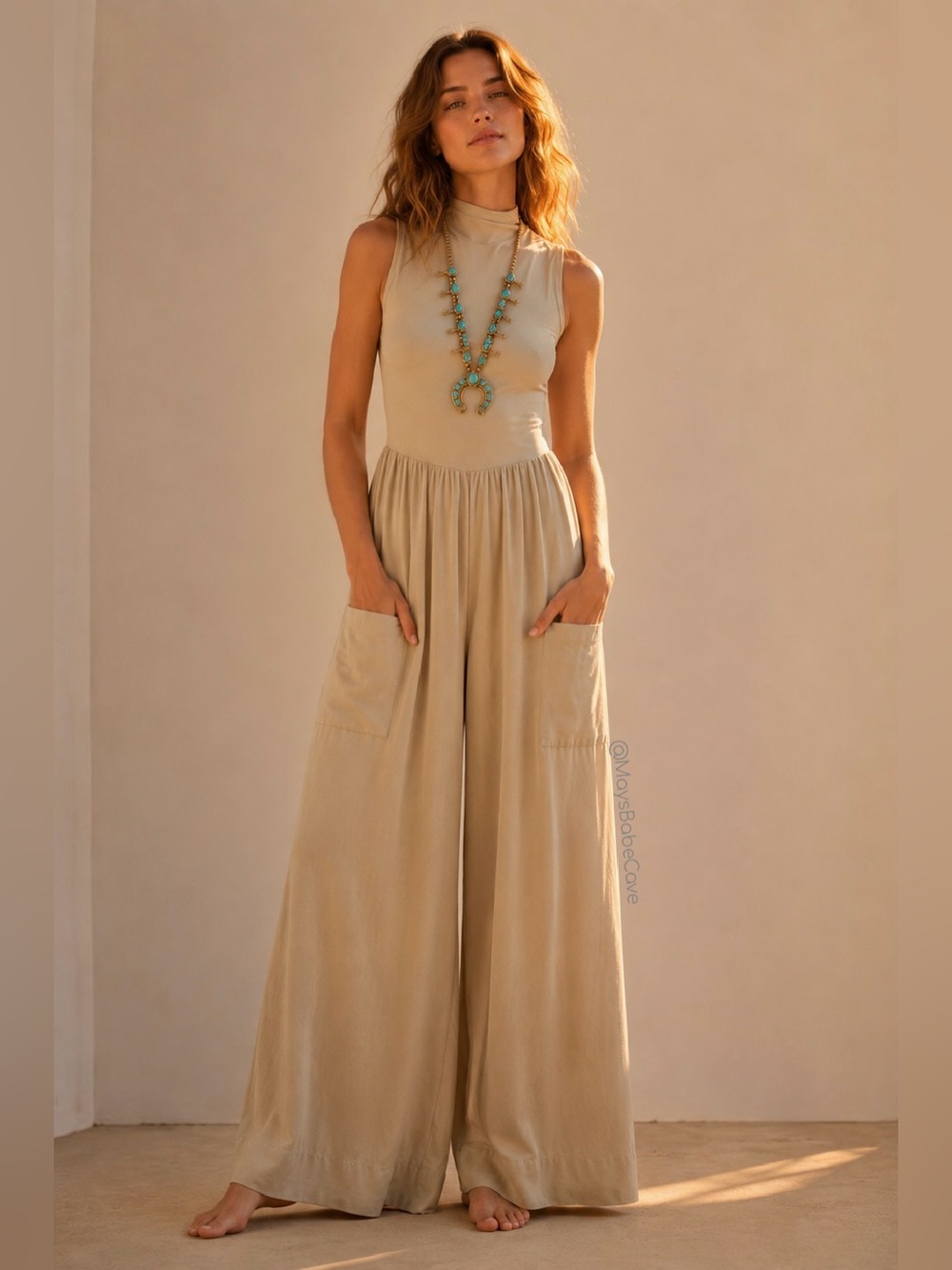 Free People Beach Dream Neutral Open Back One Piece Wide Leg Jumpsuit